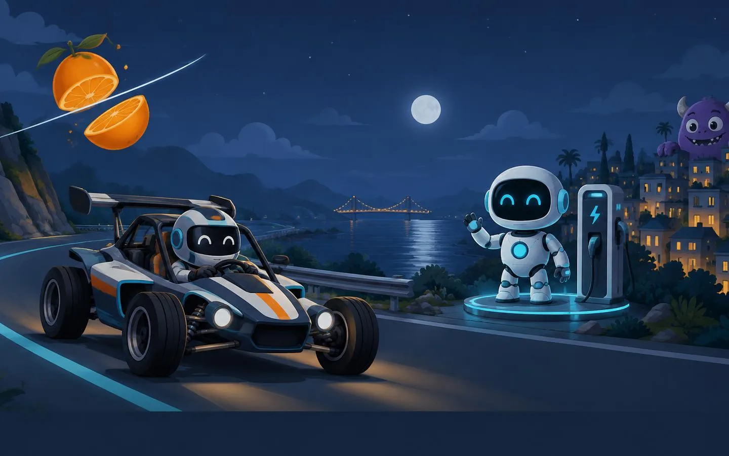 A racing buggy, a sliced orange, the Critter Clash robot and a friendly monster in one night scene