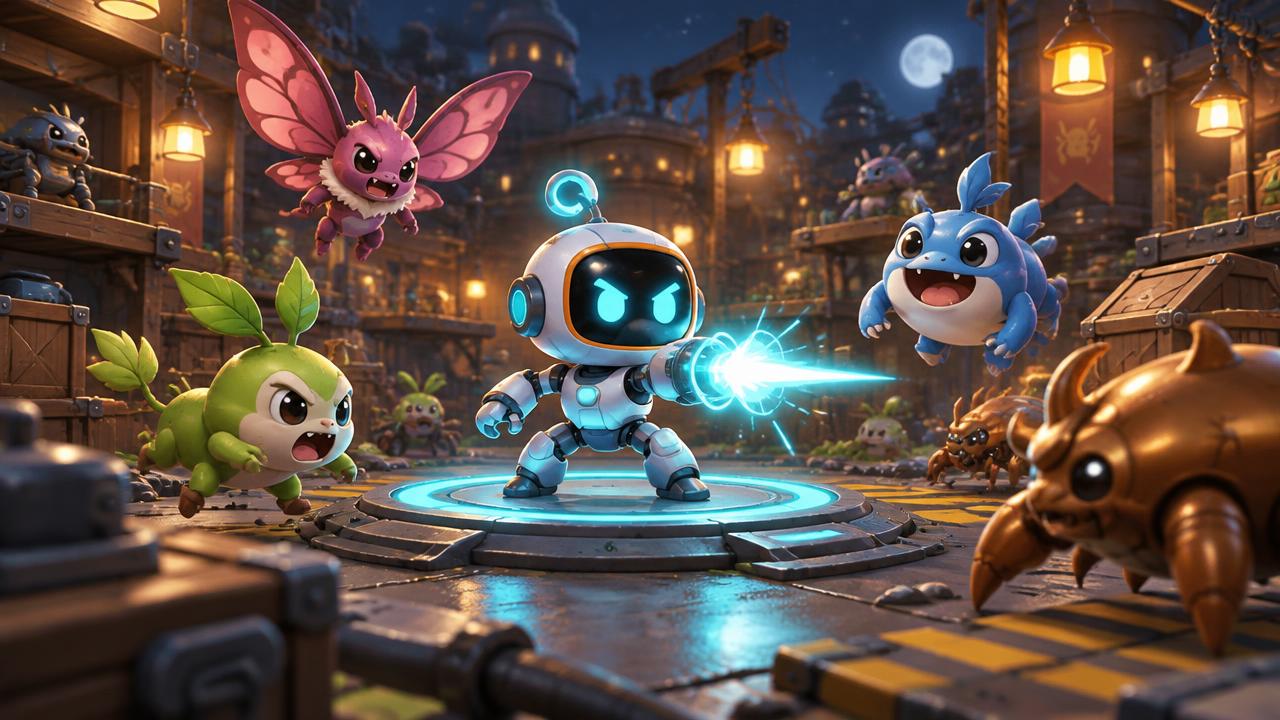 A cartoon robot on a glowing charging pad blasting cute critters in a workshop arena