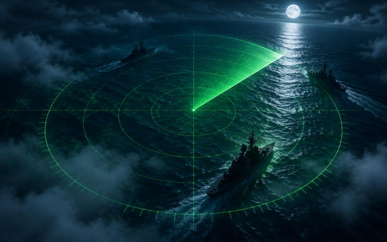 Warships on a midnight ocean beneath a green radar sweep