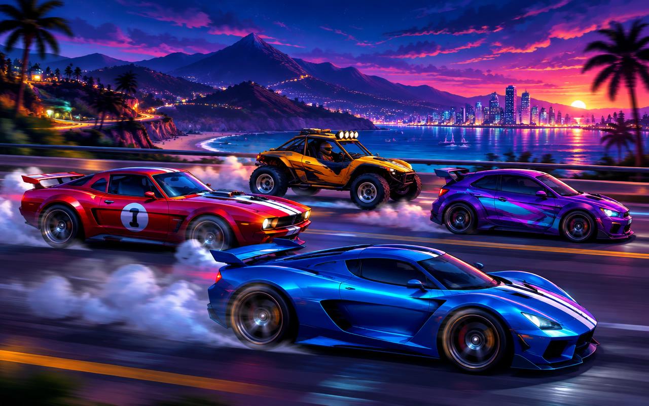 Stylised race cars and a buggy speeding along a coastal highway at dusk