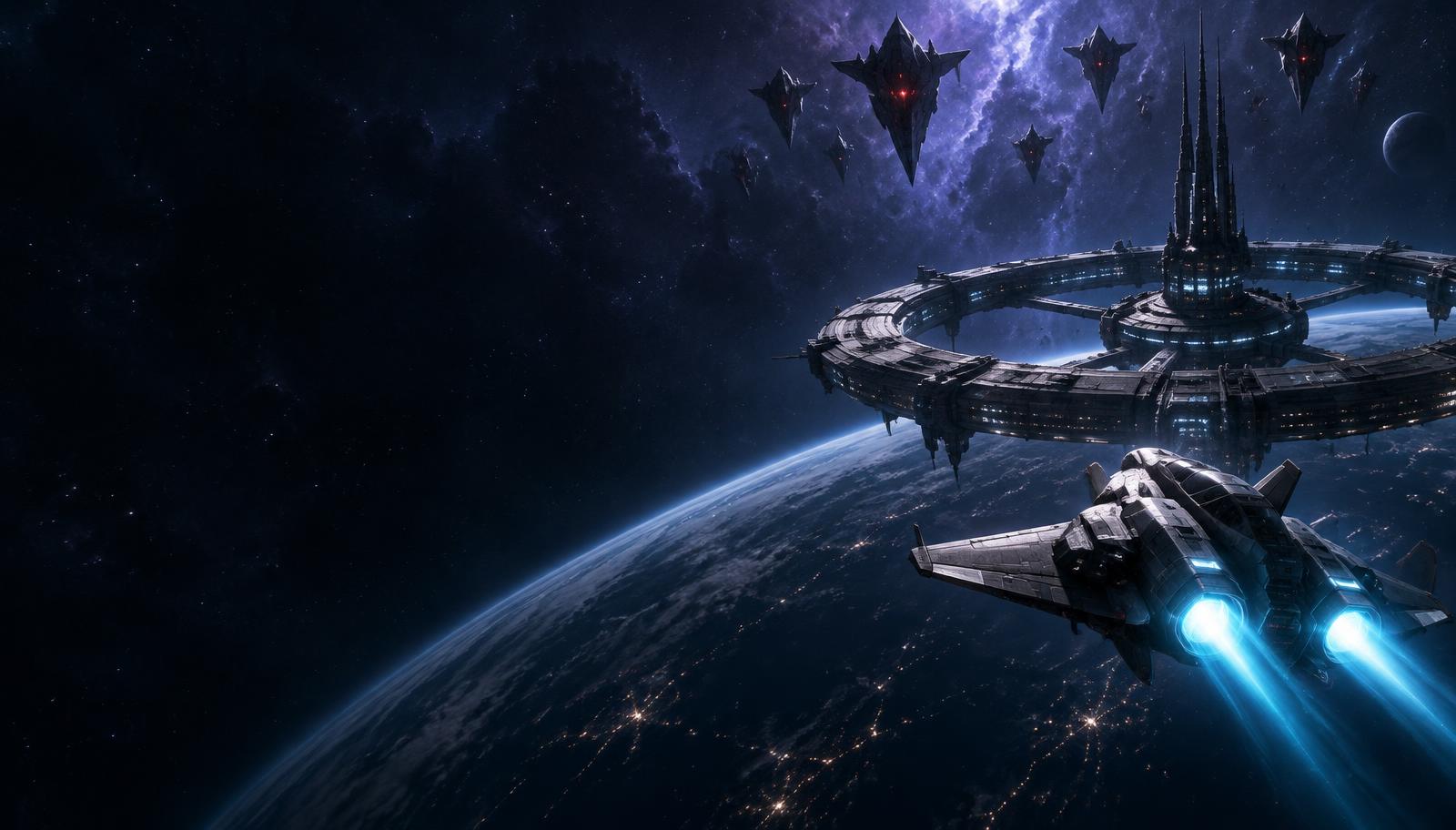 A defense ship guarding a ring station from drones