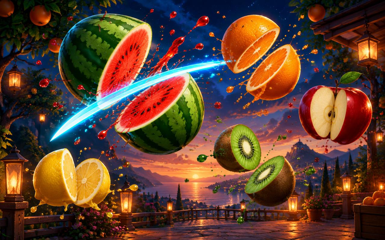Glossy fruit sliced in mid-air by a glowing blade over a lantern-lit terrace
