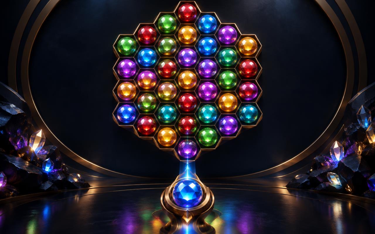A hexagonal board of glossy jewel-coloured orbs above a launcher