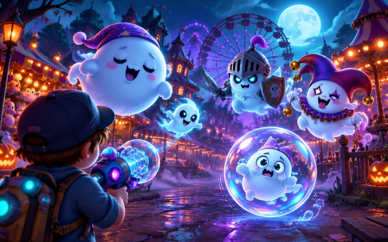 Cute cartoon ghosts at a moonlit carnival, one trapped in a shimmering bubble